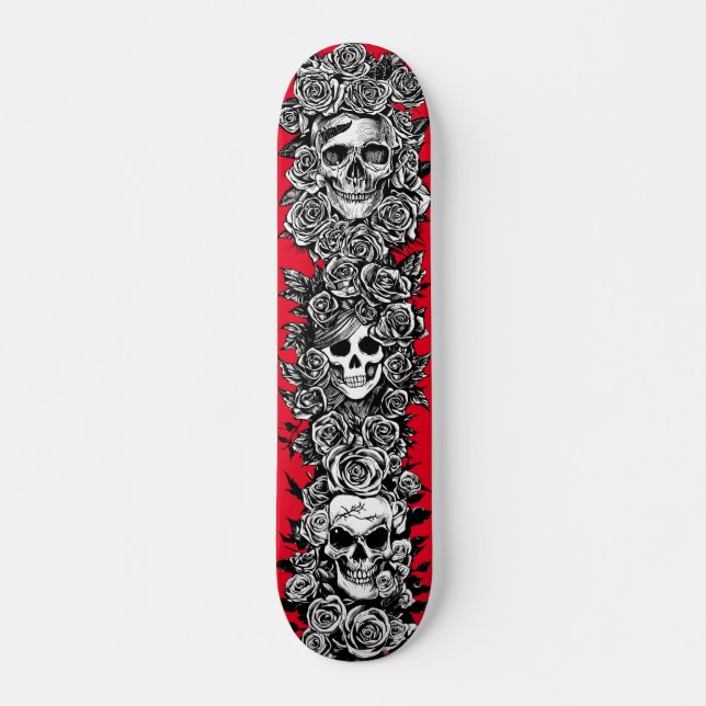 3 skull Faces with roses Goth Punk Art drawings Skateboard (Front)