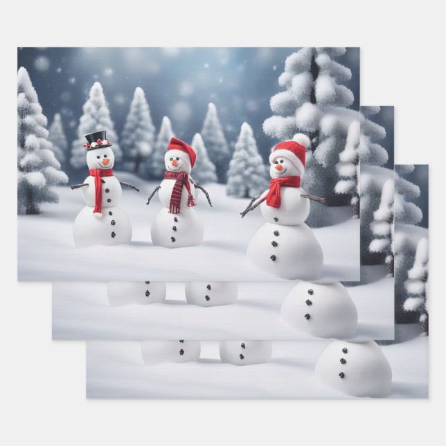 3 snowmen in the woods wrapping paper sheet (Set)