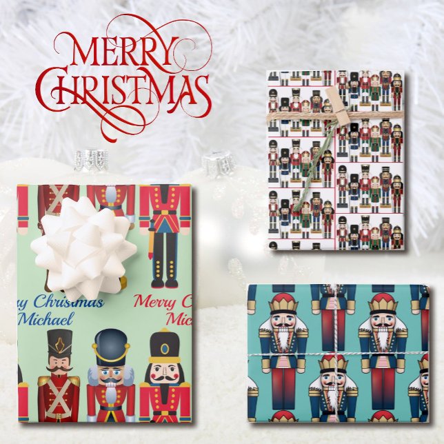 3 Soldier Nutcracker Christmas Personalize Name Wrapping Paper Sheet (Creator Uploaded)