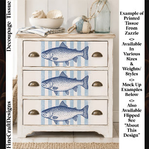 3 Stylized Trout, Aqua Blue Stripes FM8L Decoupage Tissue Paper