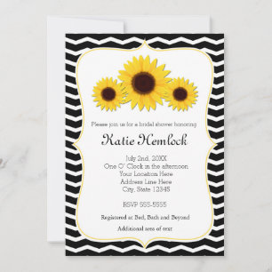 3 Sunflowers Black & White Chevron Invitation
