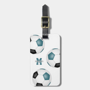 3 teal black white soccer balls girls sports luggage tag