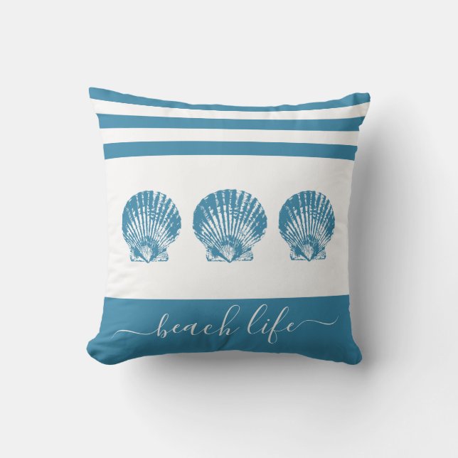 3 teal blue seashells beach life script modern throw pillow (Front)