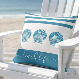 3 teal blue seashells beach life script modern throw pillow