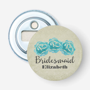 3 Teal Watercolor Roses on Tan Damask Bridesmaid Bottle Opener