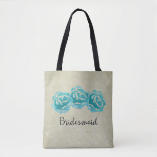 3 Teal Watercolor Roses on Tan Damask Bridesmaid Tote Bag