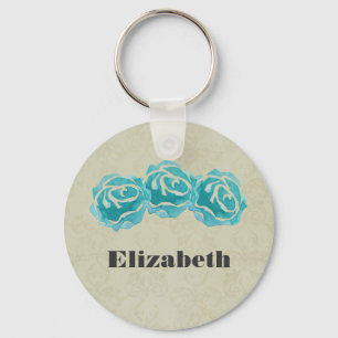 3 Teal Watercolor Roses on Tan Damask Custom Keychain