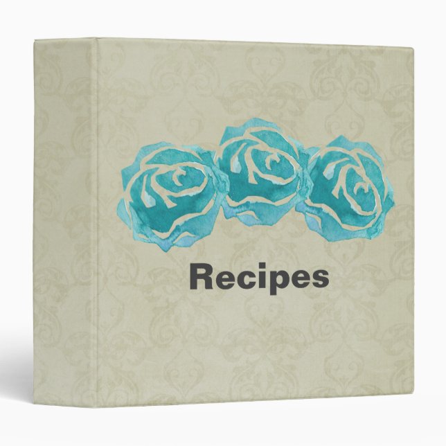3 Teal Watercolor Roses on Tan Damask Pattern Binder (Front/Spine)