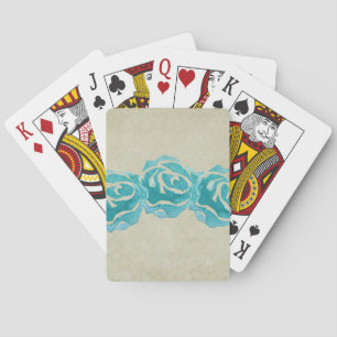 3 Teal Watercolor Roses on Tan Damask Pattern Playing Cards