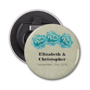 3 Teal Watercolor Roses on Tan Damask Wedding Bottle Opener