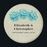 3 Teal Watercolor Roses on Tan Damask Wedding Magnet<br><div class="desc">A personalized wedding magnet. With a simple trio of teal roses painted with watercolors.  Background is a faded tan damask pattern. Personalize with your names and wedding date.</div>