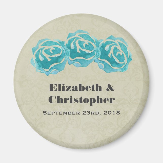 3 Teal Watercolor Roses on Tan Damask Wedding Magnet (Front)