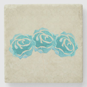 3 Teal Watercolor Roses Stone Coaster