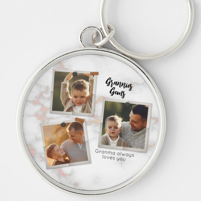 3 Three Photo Modern Elegant Collage Family Love Keychain (Front)