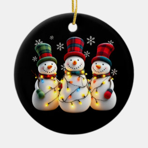 3 Three Snowmen Family Christmas With Xmas Lights Ceramic Ornament