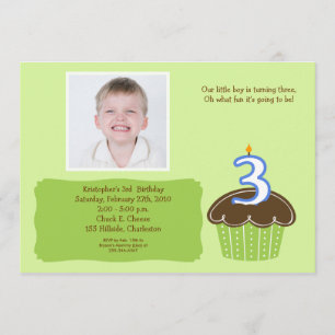 3 THREE year old CUPCAKE PHOTO BIRTHDAY INVITE