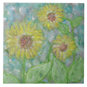3 Tournesols et carreaux d'aquarelle Abstraits