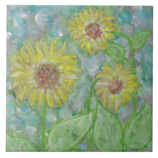 3 Tournesols et carreaux d'aquarelle Abstraits (Devant)