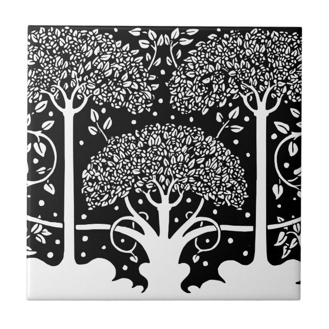 3 Trees Art Nouveau Black and White Beardsley Tile (Front)