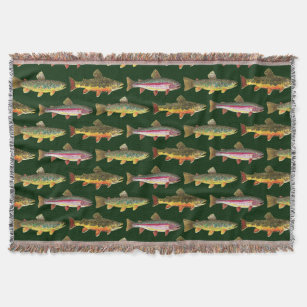 3 Trout, Brook Rainbow Brown, Fly Fishing Angling Throw Blanket