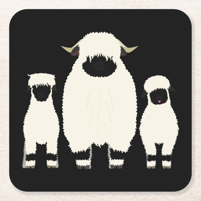 3 Valais Black Nose Sheep in a Row Square Paper Coaster (Front)