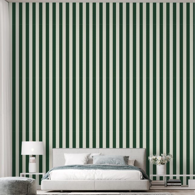 3" Vertical Stripe Earthy Dark Green & Ivory White Wallpaper (Bedroom)