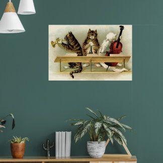 3 Vintage Adorable Musical Cats Print