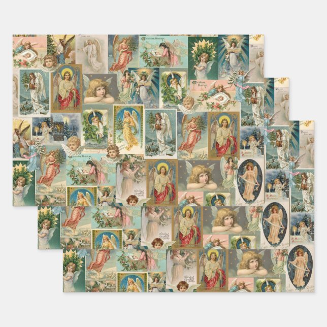 3 Vintage Christmas Angel Wrap Sheets (Set)