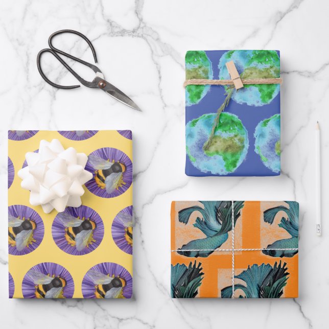 3 Watercolors Bumble Bee Planet Earth Betta Fish Wrapping Paper Sheet (Front)