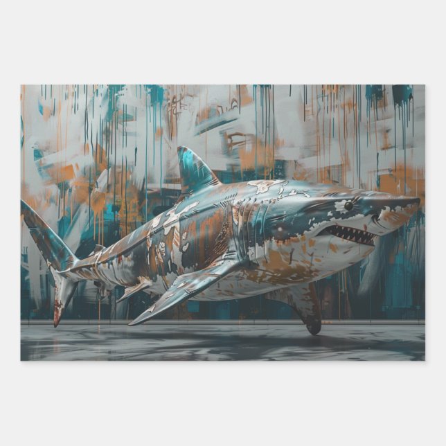 3 Whimsical Graffiti Sharks Decoupage  Wrapping Paper Sheet (Front 3)