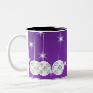 3 White Christmas Baubles on Purple Background. Two-Tone Coffee Mug