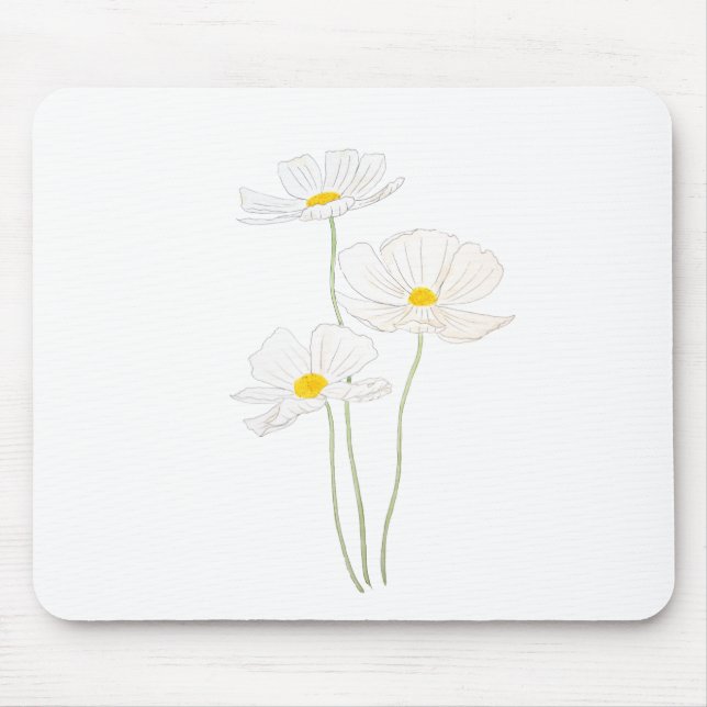 3 white cosmos flowers ink and watercolor mouse pad (Front)