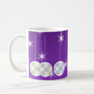 3 White Swirl Design Christmas Baubles. On Purple Coffee Mug