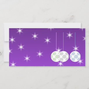 3 White Swirl Design Christmas Baubles. On Purple Holiday Card