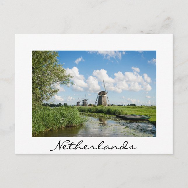 3 windmills and canal, Netherlands white postcard (Front)