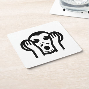 3 Wise Monkeys Kikazaru 聞かざる Hear NO Evil Emoji Square Paper Coaster