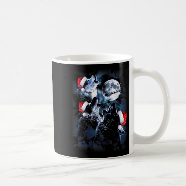 3 Wolves Howling Under Moon Christmas Santa Wolf L Coffee Mug (Right)