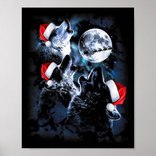 3 Wolves Howling Under Moon Christmas Santa Wolf L Poster