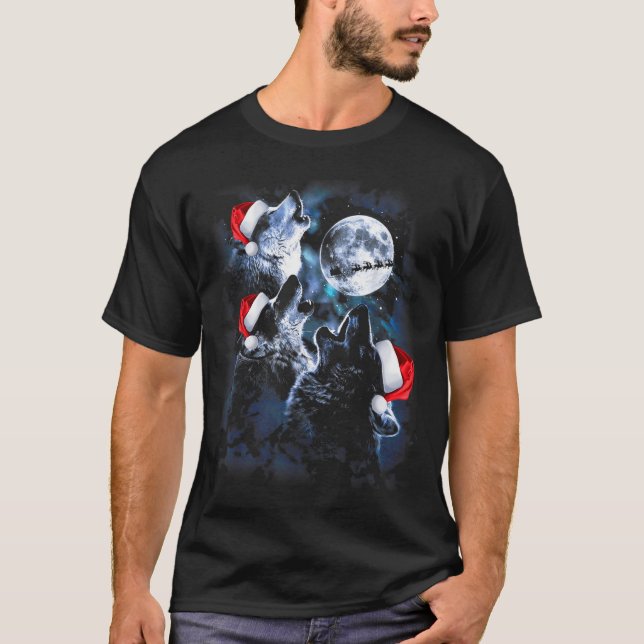 3 Wolves Howling Under Moon Christmas Santa Wolf L T-Shirt (Front)