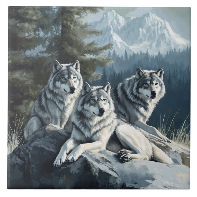 3 Wolves Relaxing Tile or Trivet (Front)