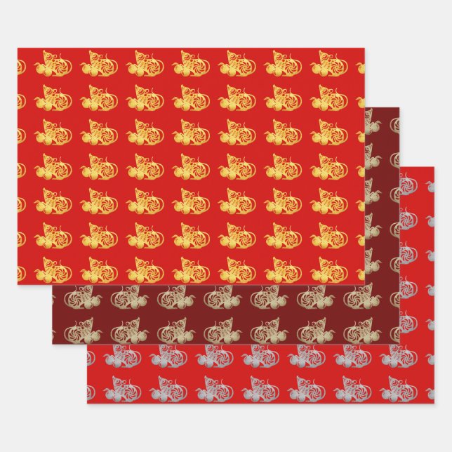 3 WP Chinese paper-cut Rat fruits Choose Colour Wrapping Paper Sheet (Set)