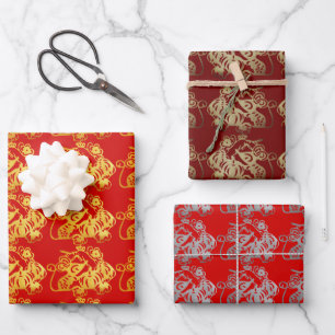 3 WP Chinese paper-cut Rat with fruit Choose Colou Wrapping Paper Sheet