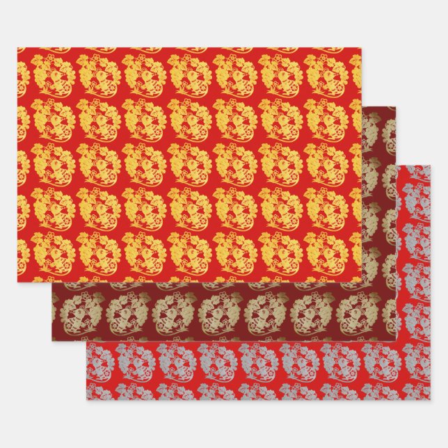 3 WP Chinese paper-cut Rat with grape Choose Colou Wrapping Paper Sheet (Set)