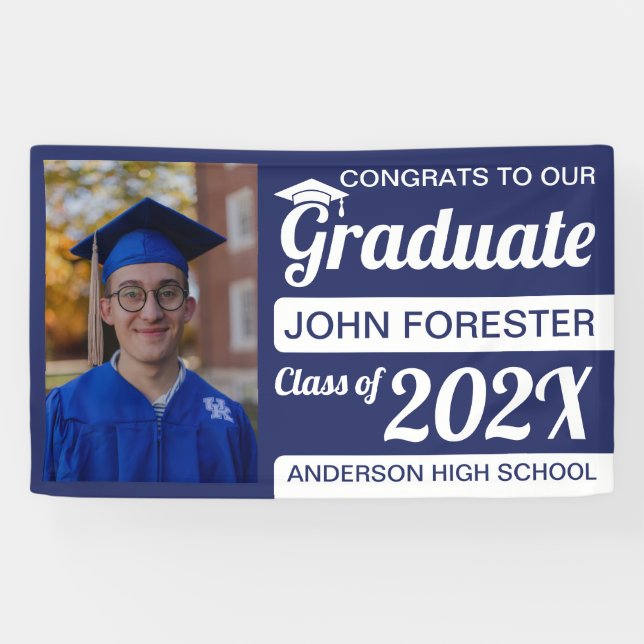 3' x 5' Blue & White Congrats Graduate with Photo Banner (Horizontal)