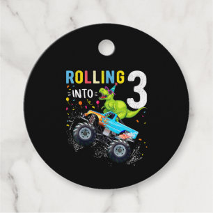 3 Year Old Birthday Dinosaur Monster Truck Family  Favour Tags
