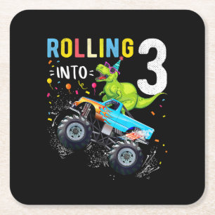3 Year Old Birthday Dinosaur Monster Truck Family  Square Paper Coaster