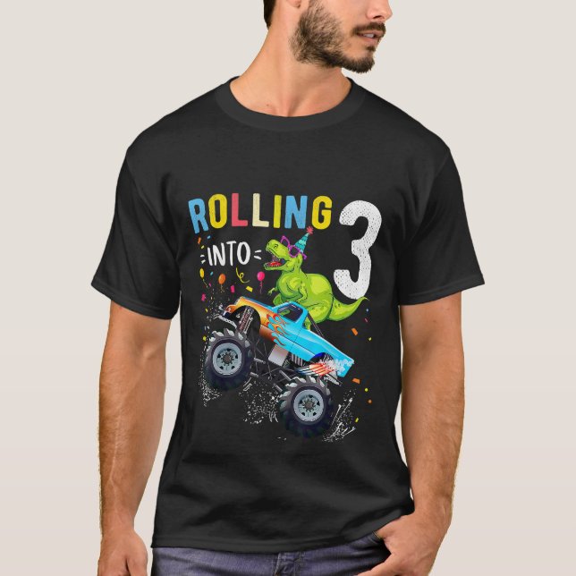 3 Year Old Birthday Dinosaur Monster Truck Family  T-Shirt (Front)