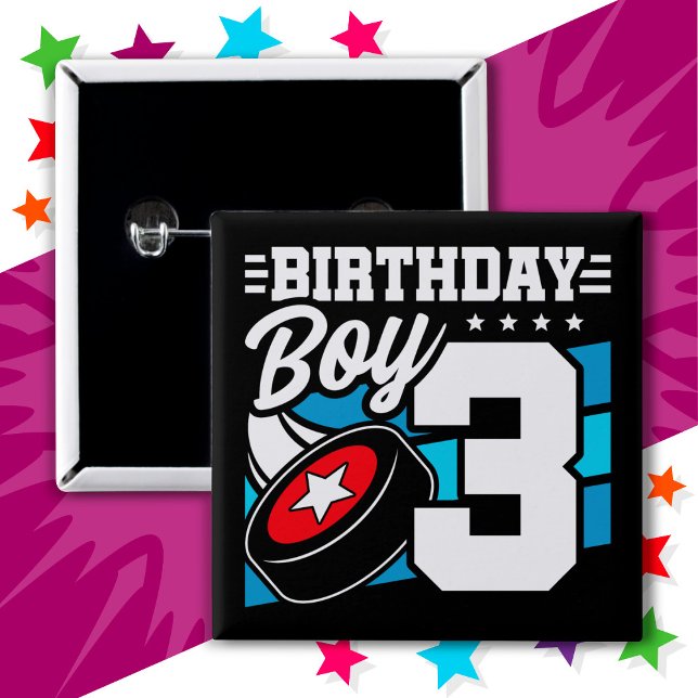 3 Year Old Hockey Party Theme 3rd Birthday Boy 2 Inch Square Button (Creator Uploaded)
