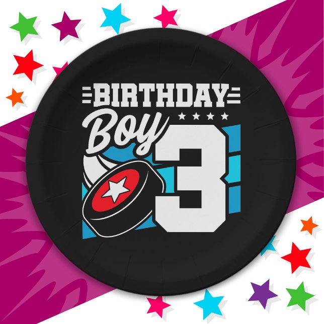 3 Year Old Hockey Party Theme 3rd Birthday Boy Paper Plate (Creator Uploaded)