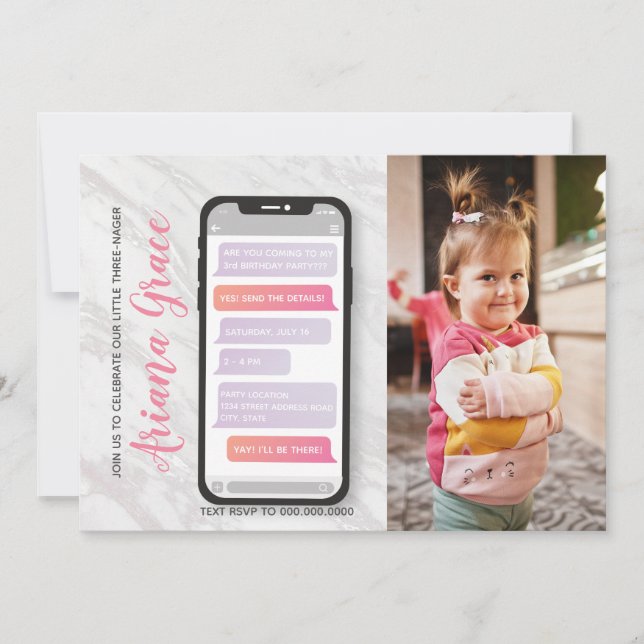 3 year old Three-nager Girl's Third Birthday  Invitation (Front)
